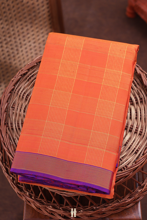 Kanchipuram Silk Saree In Orange With Checks Design