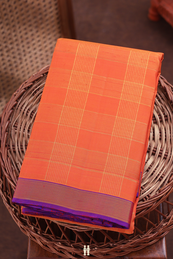 Kanchipuram Silk Saree In Orange With Checks Design