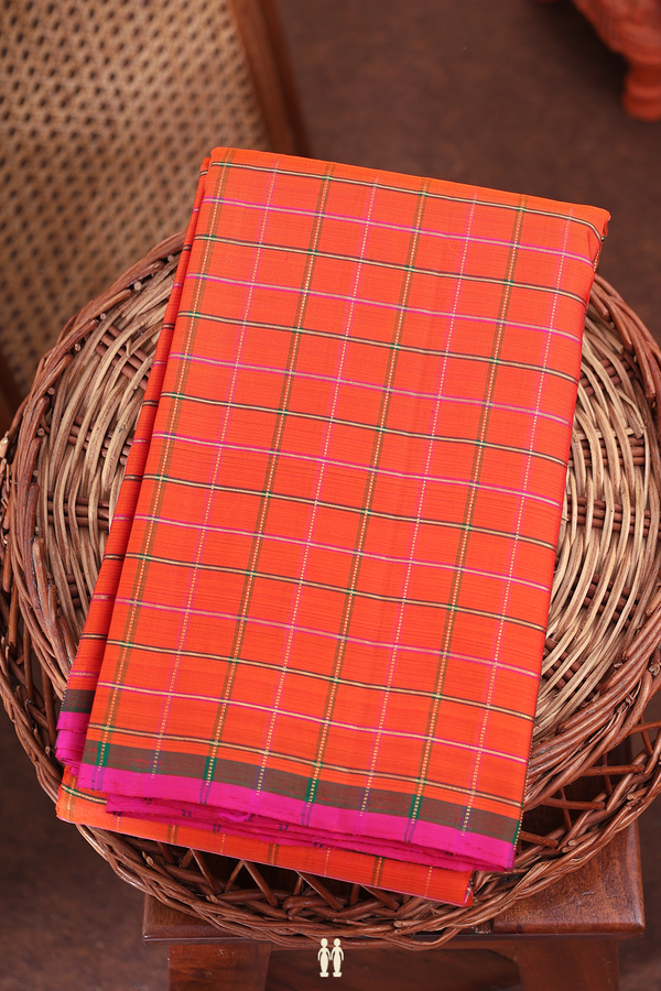 Kanchipuram Silk Saree In Orange With Checks Design