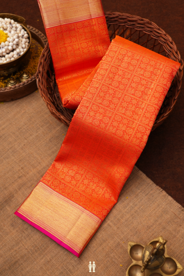 Kanchipuram Silk Saree In Orange With Checks Design