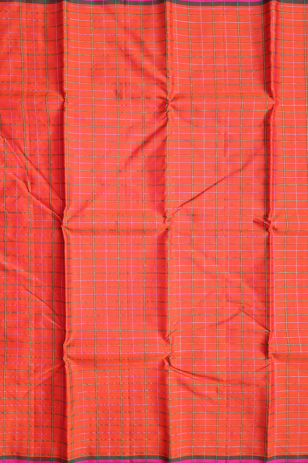Kanchipuram Silk Saree In Orange With Checks Design