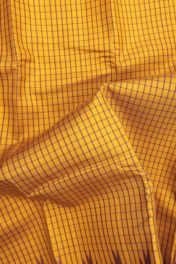 Kanchipuram Silk Saree In Orange With Checks Design