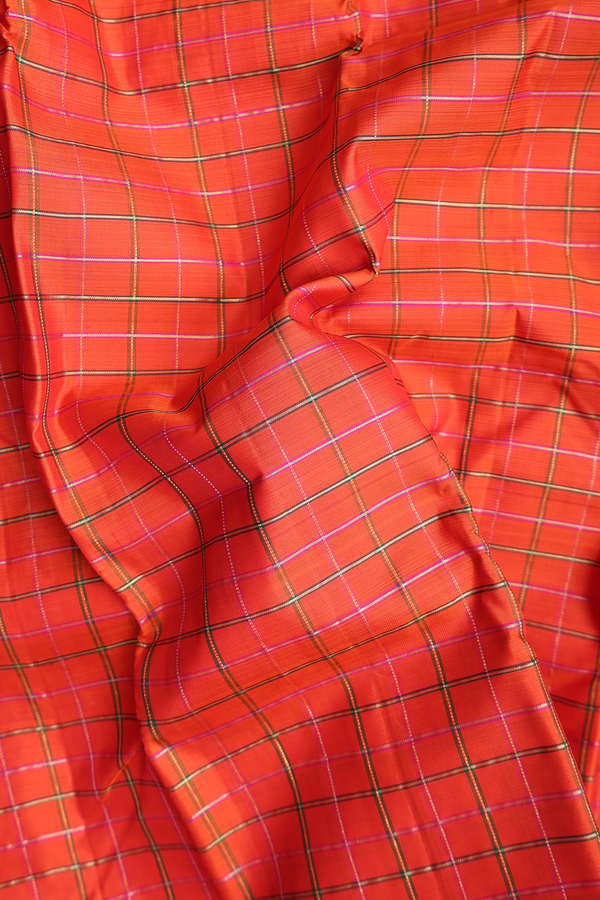 Kanchipuram Silk Saree In Orange With Checks Design