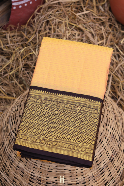 Kanchipuram Silk Saree In Orange With Checks Design