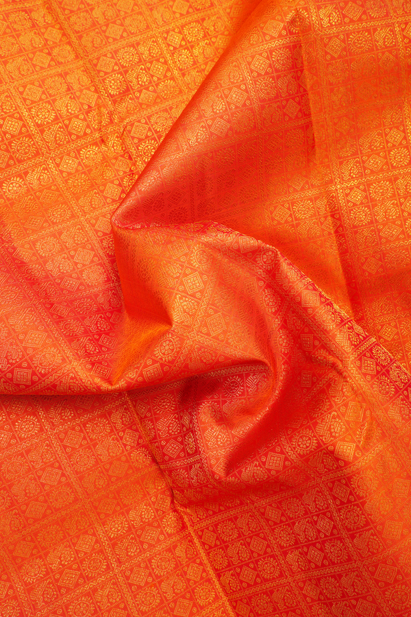 Kanchipuram Silk Saree In Orange With Checks Design