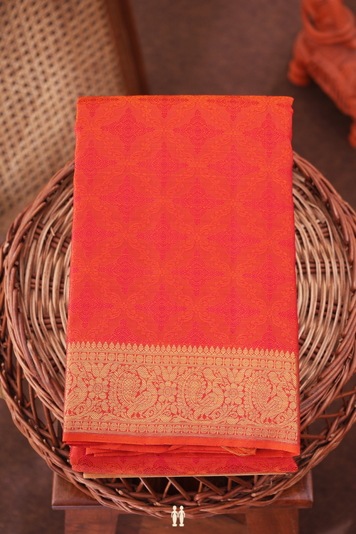 Kanchipuram Silk Saree In Orange With Jacquard Pattern