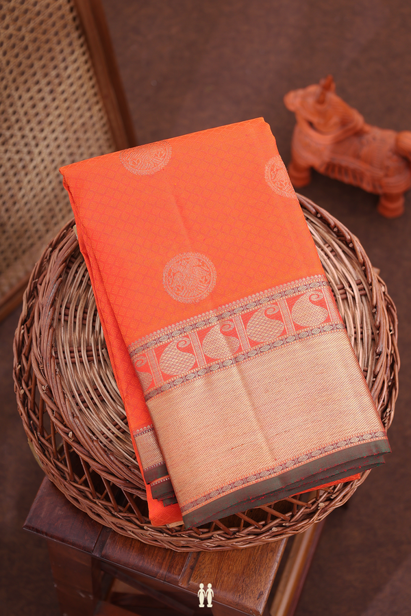 Kanchipuram Silk Saree In Orange With Jacquard Pattern