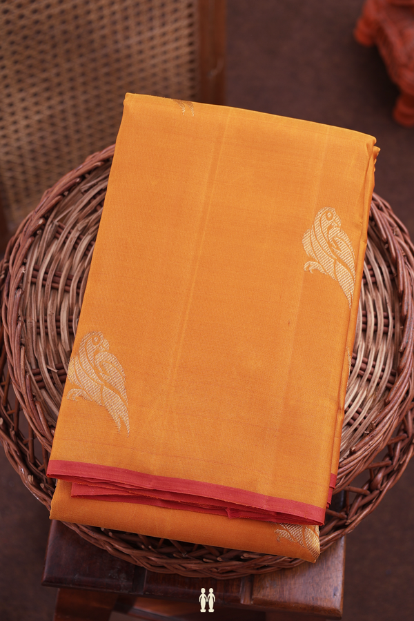 Kanchipuram Silk Saree In Royal Orange With Parrot Motifs