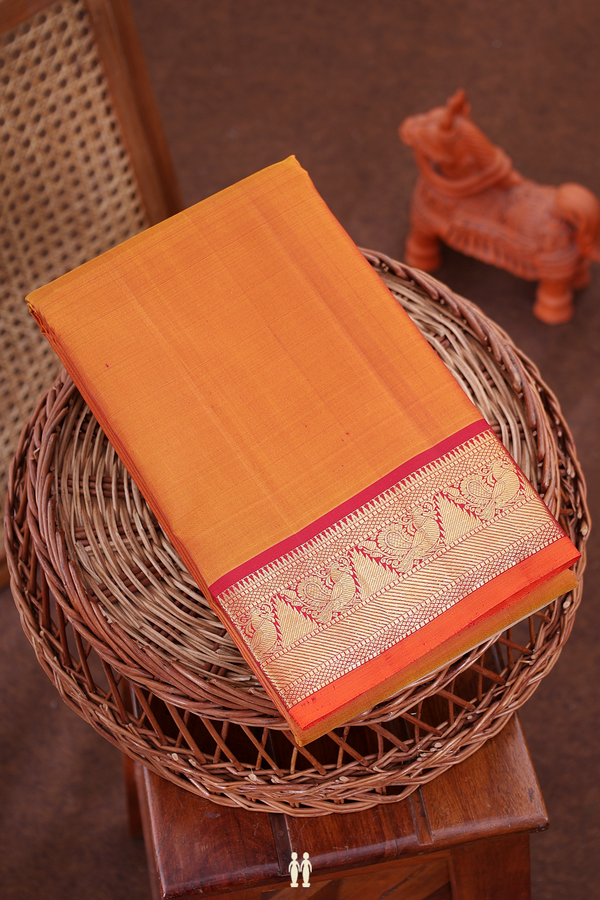Kanchipuram Silk Saree In Orange With Peacock Border