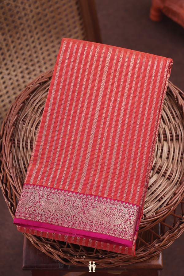 Kanchipuram Silk Saree In Orange With Stripes Design