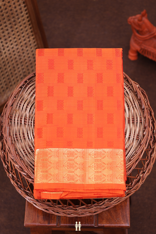 Kanchipuram Silk Saree In Orange With Threadwork Buttas