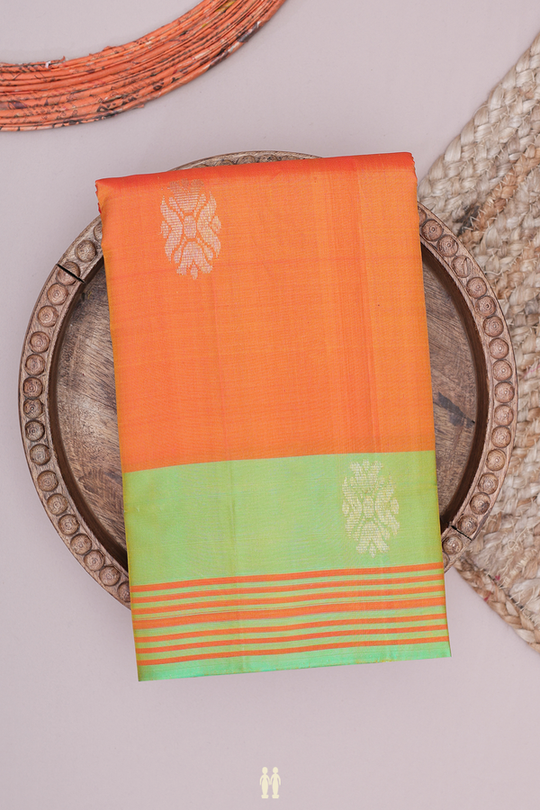 Kanchipuram Silk Saree In Orange With Zari Buttas