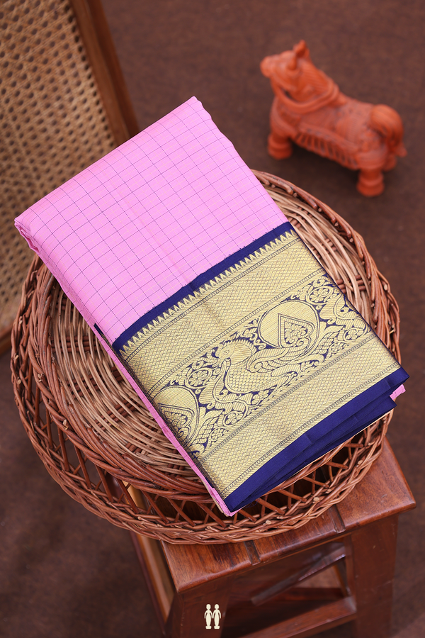 Kanchipuram Silk Saree In Orchid Pink With Checks Design