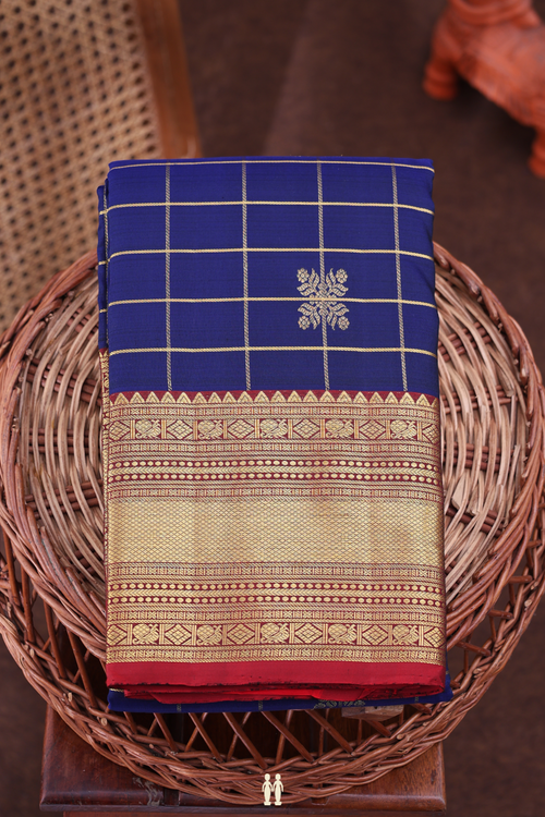 Kanchipuram Silk Saree In Oxford Blue With Checks Design