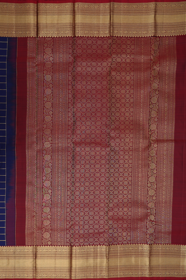 Kanchipuram Silk Saree In Oxford Blue With Checks Design