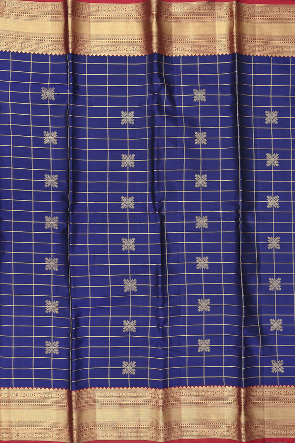 Kanchipuram Silk Saree In Oxford Blue With Checks Design
