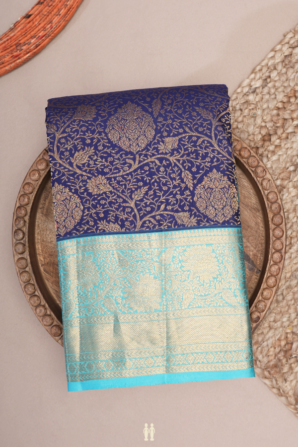 Kanchipuram Silk Saree In Oxford Blue With Floral Design