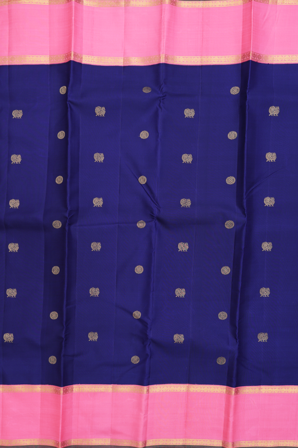 Kanchipuram Silk Saree In Oxford Blue With Peacock Buttas