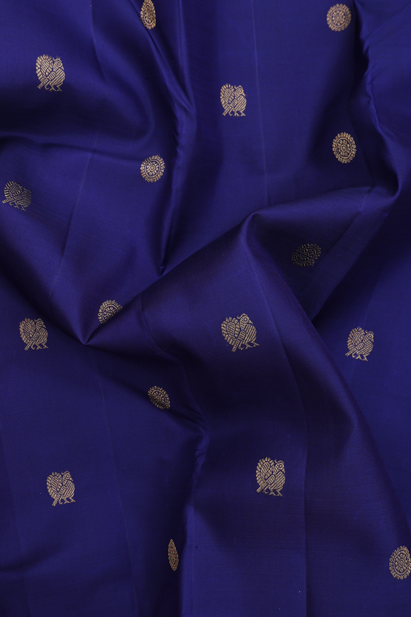 Kanchipuram Silk Saree In Oxford Blue With Peacock Buttas