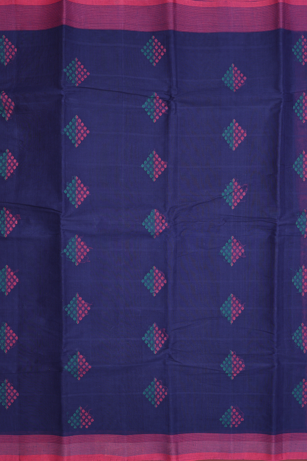 Kanchi Cotton Saree In Oxford Blue With Threadwork Buttas