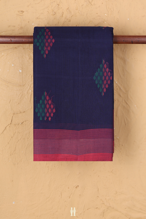 Kanchi Cotton Saree In Oxford Blue With Threadwork Buttas