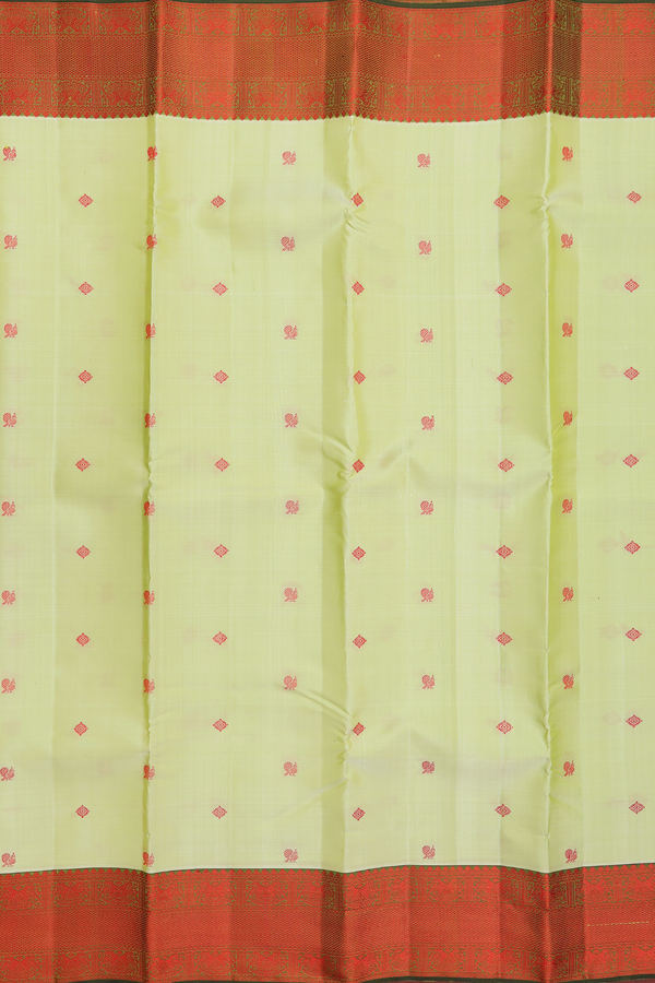 Kanchipuram Silk Saree In Pale Green With Peacock Buttas