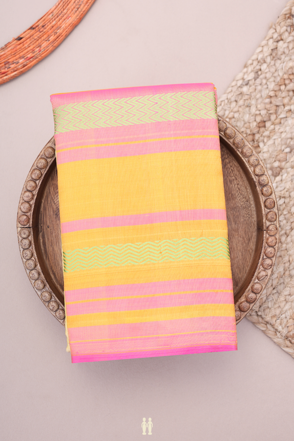 Kanchipuram Silk Saree In Pale Yellow With Contrast Border