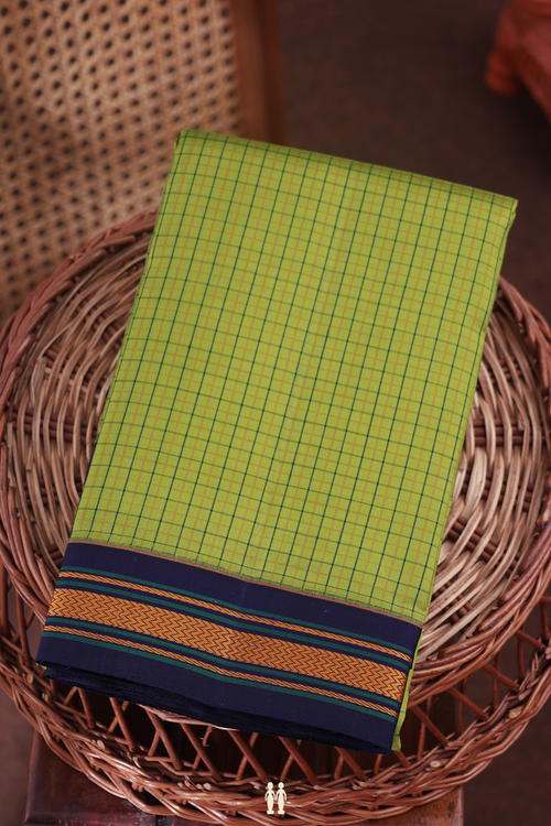 Kanchipuram Silk Saree In Parrot Green With Checks Design