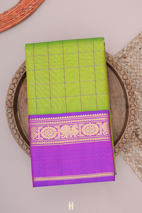 Kanchipuram Silk Saree In Parrot Green With Checks Design