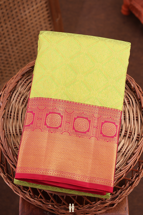 Kanchipuram Silk Saree In Parrot Green With Diamond Design