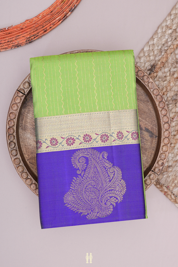 Kanchipuram Silk Saree In Parrot Green With Stripes Design