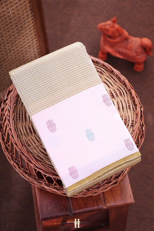 Kanchipuram Silk Saree In Pastel Brown With Checks Design