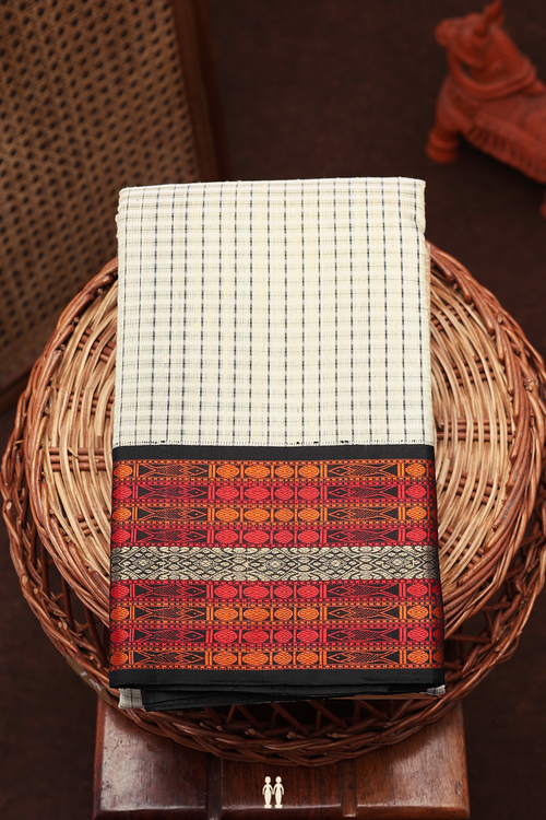 Kanchipuram Silk Saree In Beige With Checks Design