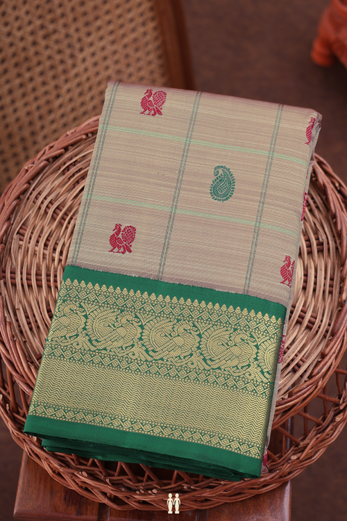 Kanchipuram Silk Saree In Pastel Brown With Checks Design