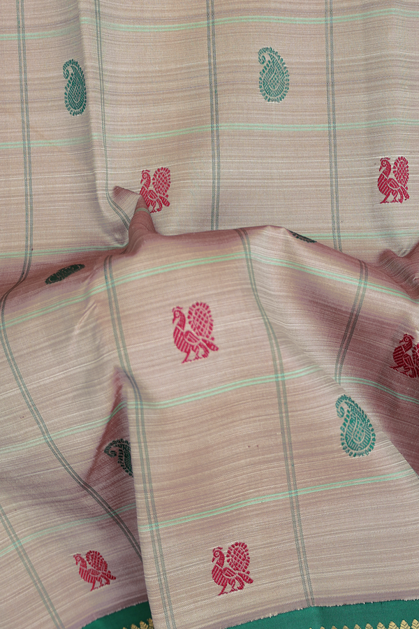 Kanchipuram Silk Saree In Pastel Brown With Checks Design
