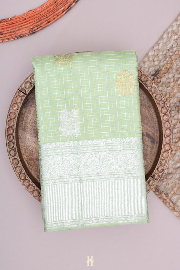Kanchipuram Silk Saree In Pastel Green With Checks Design