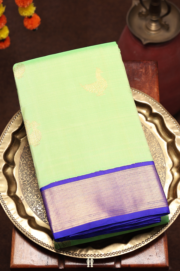 Kanchipuram Silk Saree In Pastel Green With Peacock Buttas