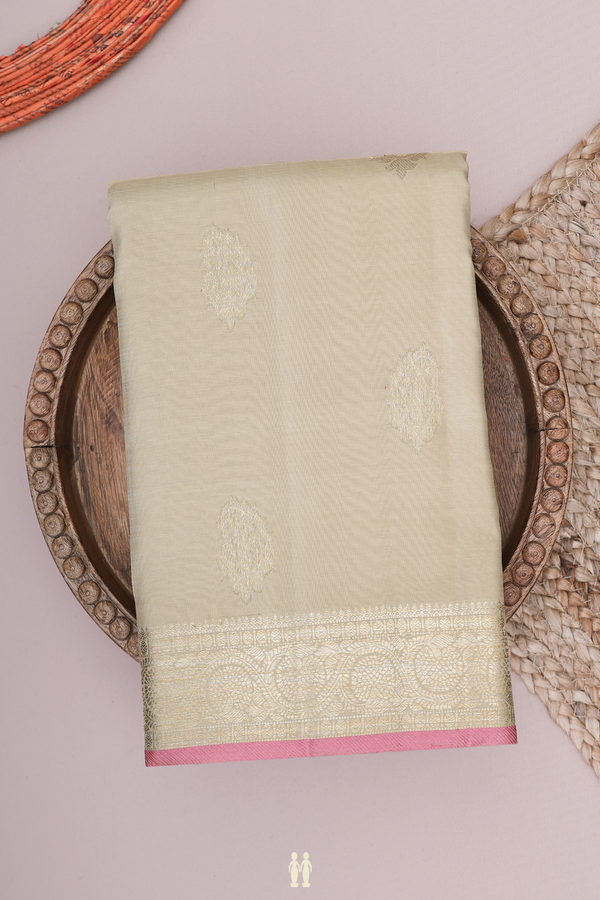 Kanchipuram Silk Saree In Pastel Khaki With Paisley Buttas