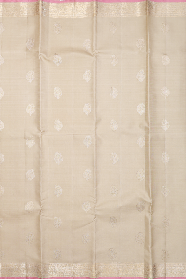 Kanchipuram Silk Saree In Pastel Khaki With Paisley Buttas