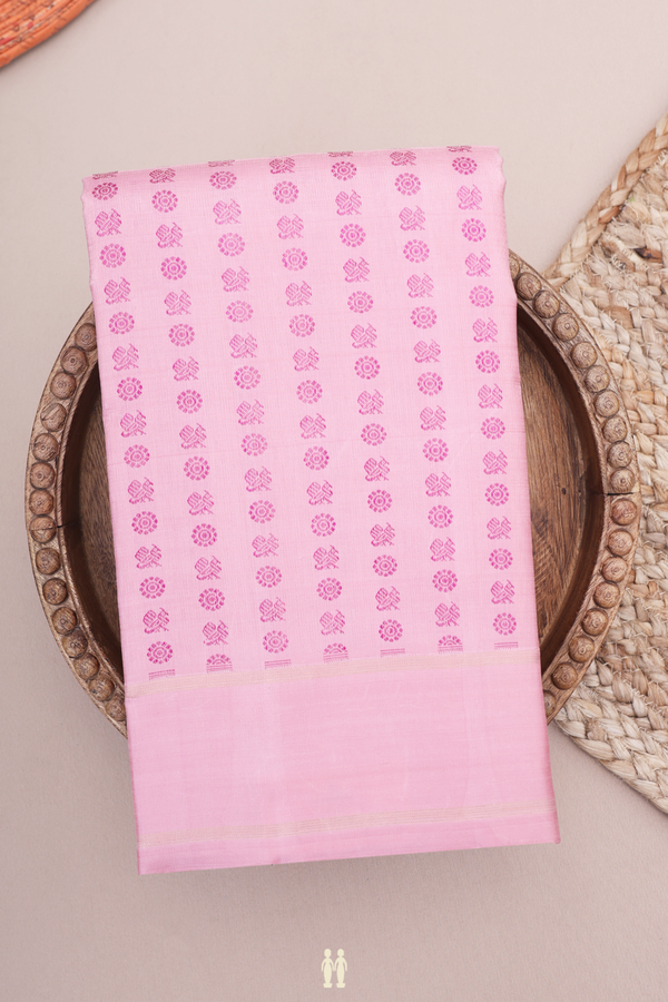 Kanchipuram Silk Saree In Pastel Pink With Peacock Buttas