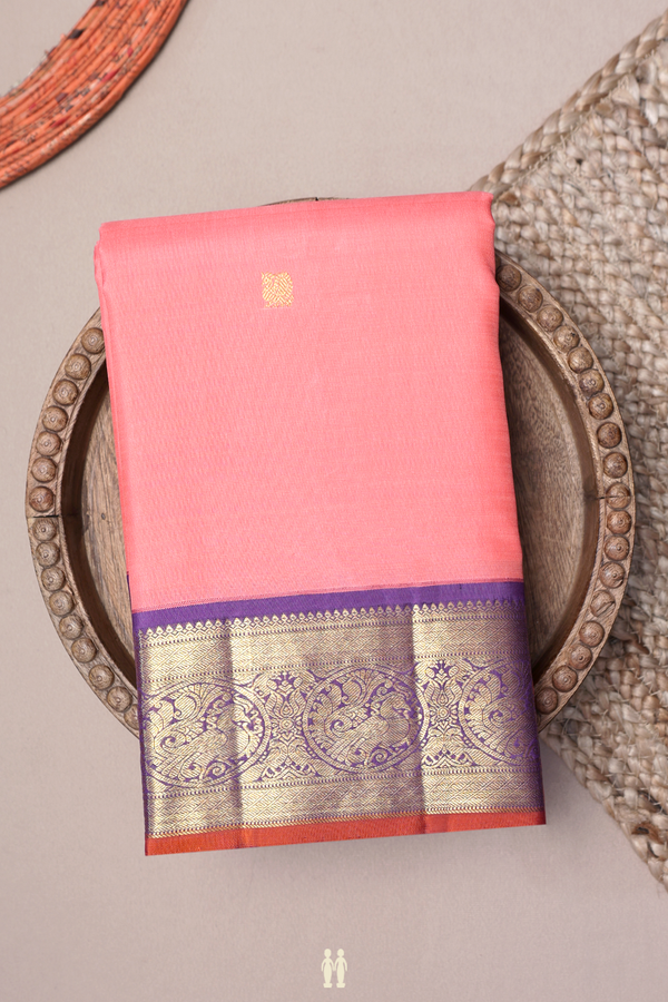 Kanchipuram Silk Saree In Peach Pink With Peacock Buttas