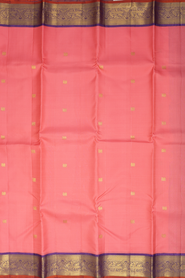 Kanchipuram Silk Saree In Peach Pink With Peacock Buttas