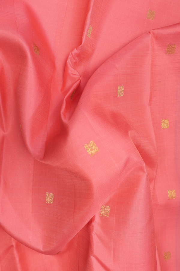Kanchipuram Silk Saree In Peach Pink With Peacock Buttas