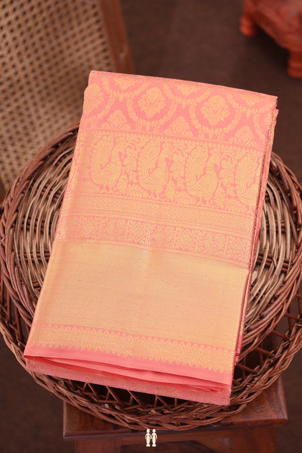 Kanchipuram Silk Saree In Peach With Brocade Design