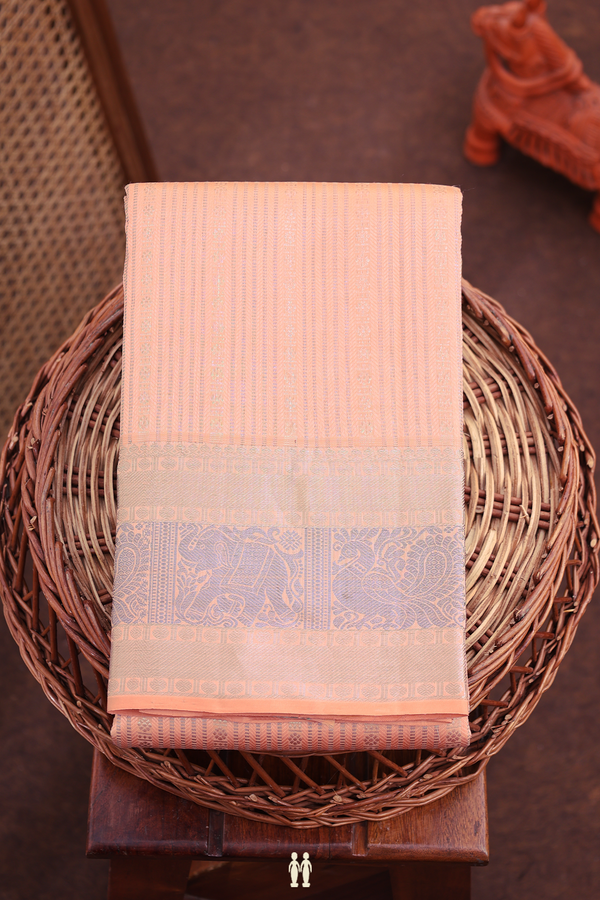 Kanchipuram Silk Saree In Peach With Stripes Design