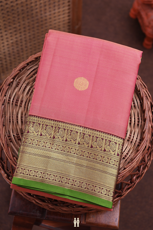 Kanchipuram Silk Saree In Peach With Stripes Design
