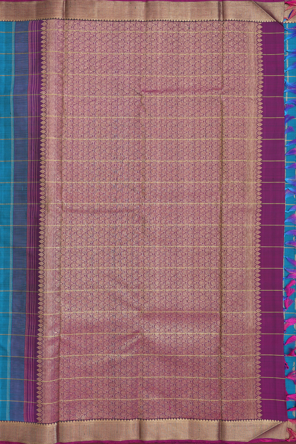 Kanchipuram Silk Saree In Peacock Blue With Checks Along Buttas