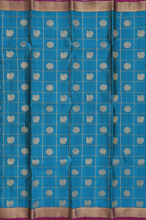 Kanchipuram Silk Saree In Peacock Blue With Checks Along Buttas