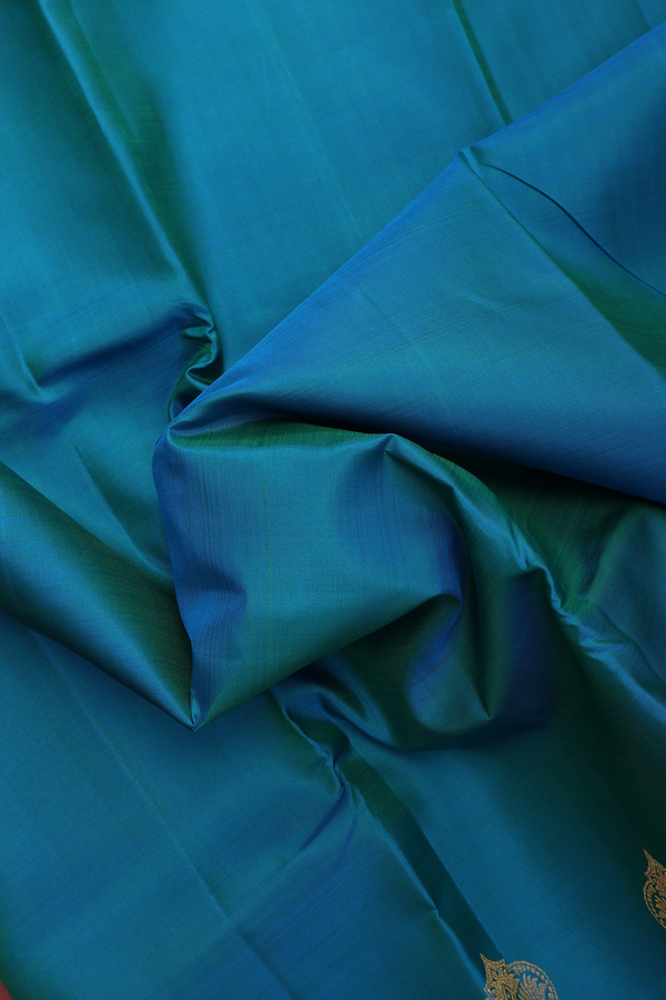 Kanchipuram Silk Saree In Peacock Blue With Contrast Border