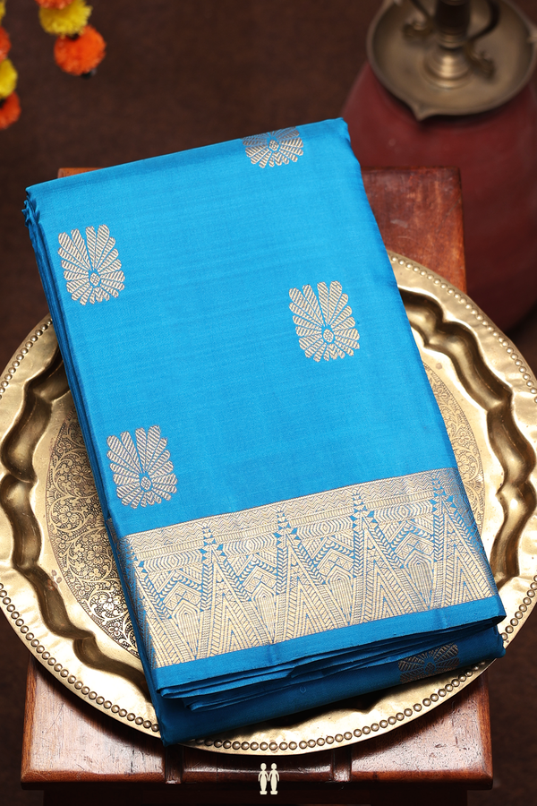 Kanchipuram Silk Saree In Peacock Blue With Zari Buttas